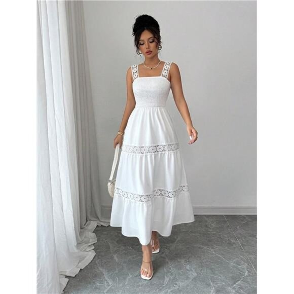 Elegant Solid Color Lace Patchwork A-Line Long Dress, Summer - Picture 1 of 6